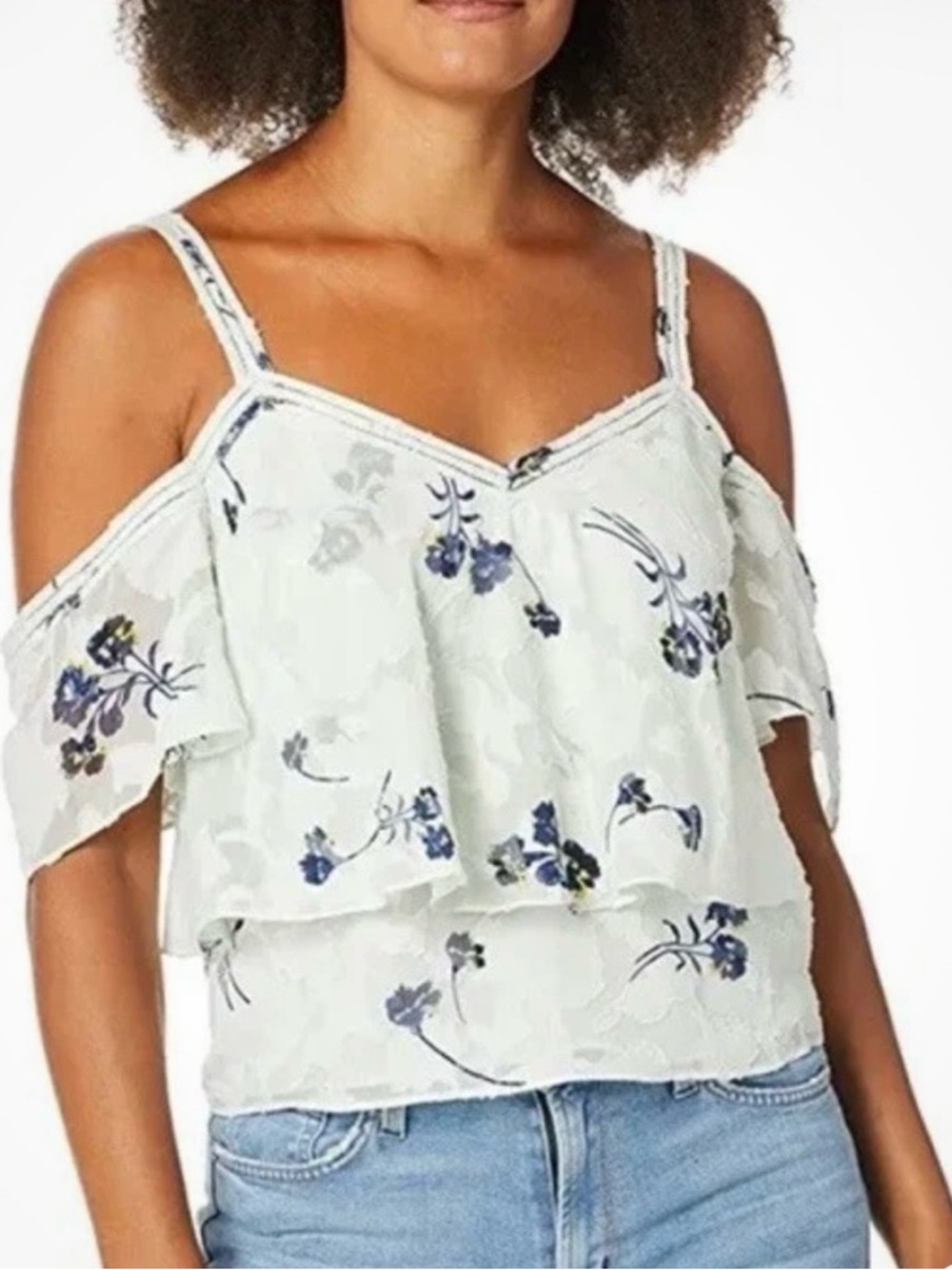 Lucky Brand Floral Cold Shoulder Ruffle Cropped Tank Top V-Neck Size L NWT